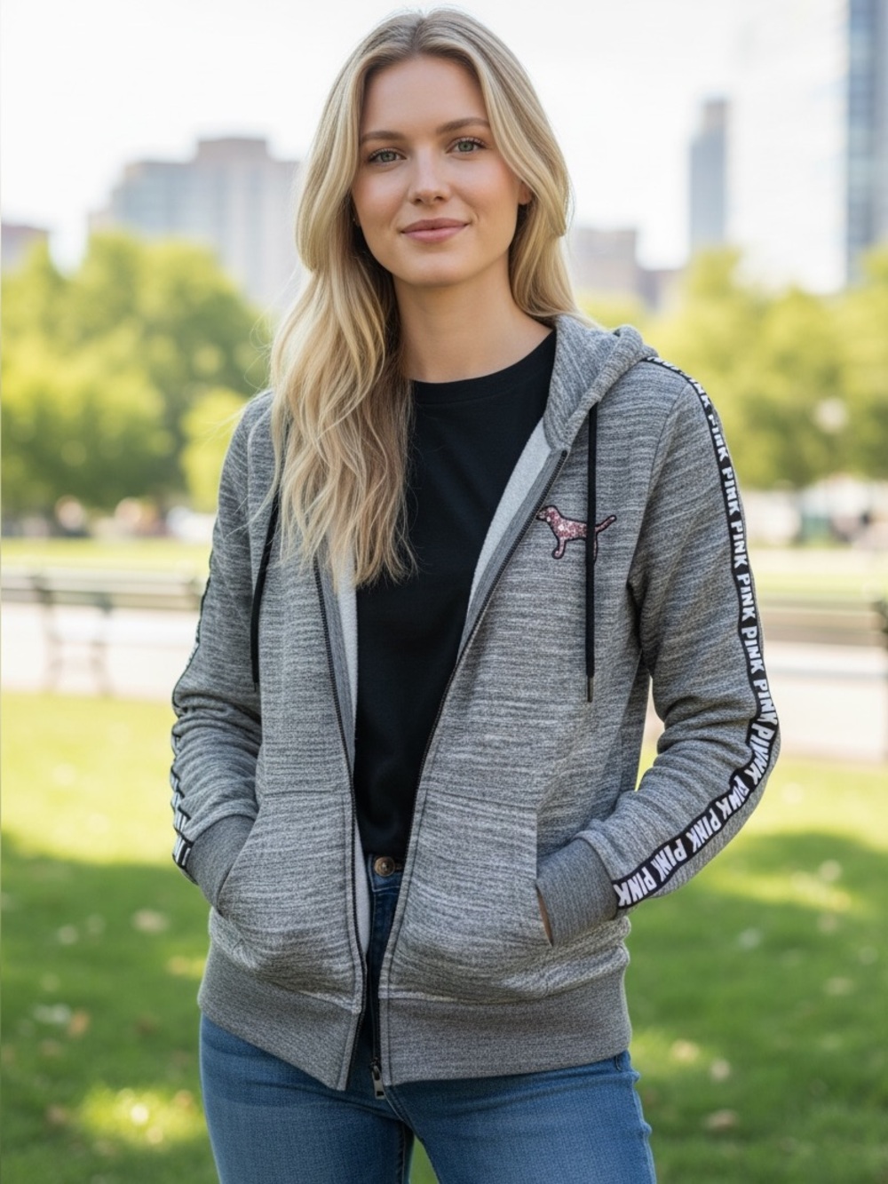 PINK Victoria’s Secret Gray Zip Hoodie Sequin Logo XS